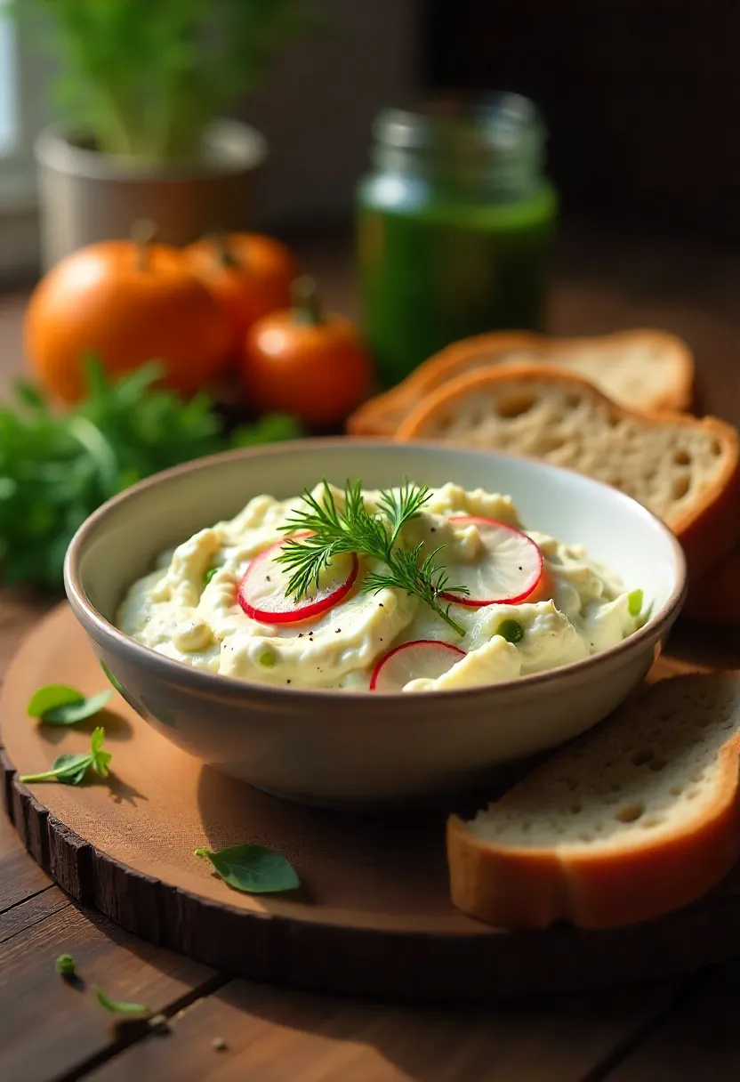 Lithuanian farmer’s cheese spread Varškės užtepėlė with dill, radishes, cucumbers, and rye bread on a rustic wooden board.