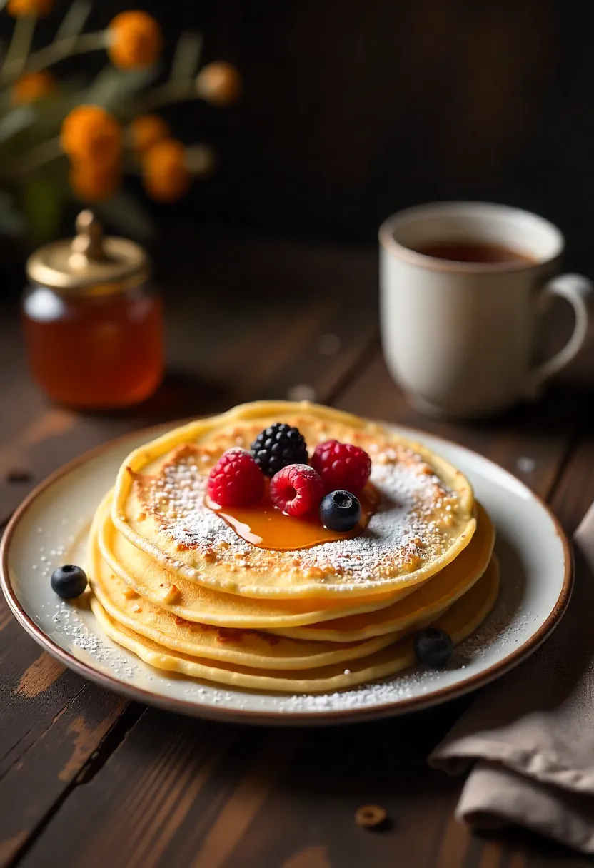 Lithuanian yeast crepes Mieliniai blynai stacked with powdered sugar, fresh berries, honey, and jam on a rustic wooden table.