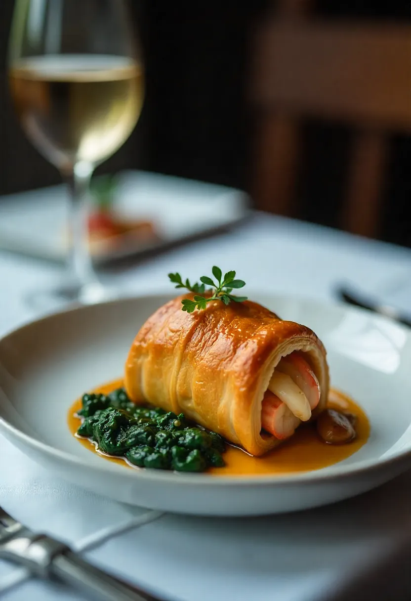 Golden Lobster Wellington with spinach and mushrooms, served on an elegant romantic table with white wine and soft lighting.