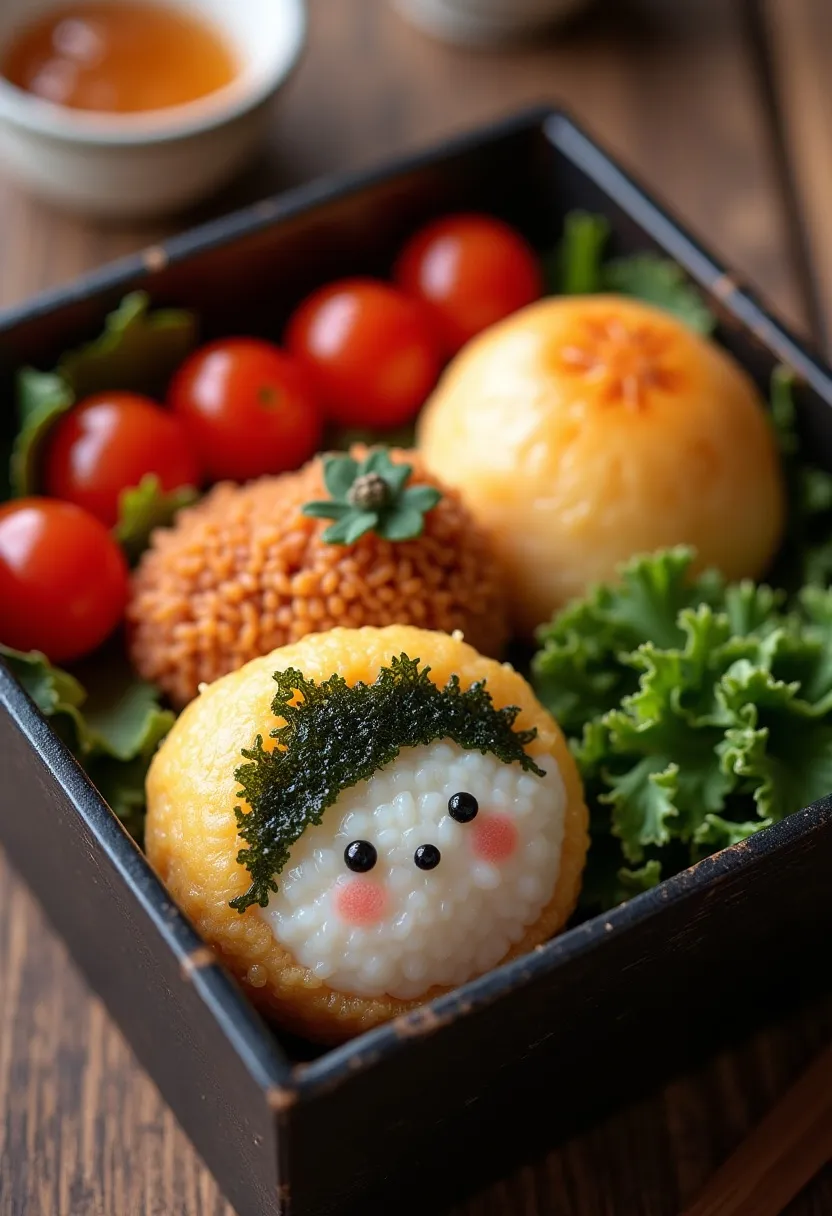 Japanese bento box with tamagoyaki, cherry tomatoes, and a smiling rice ball.