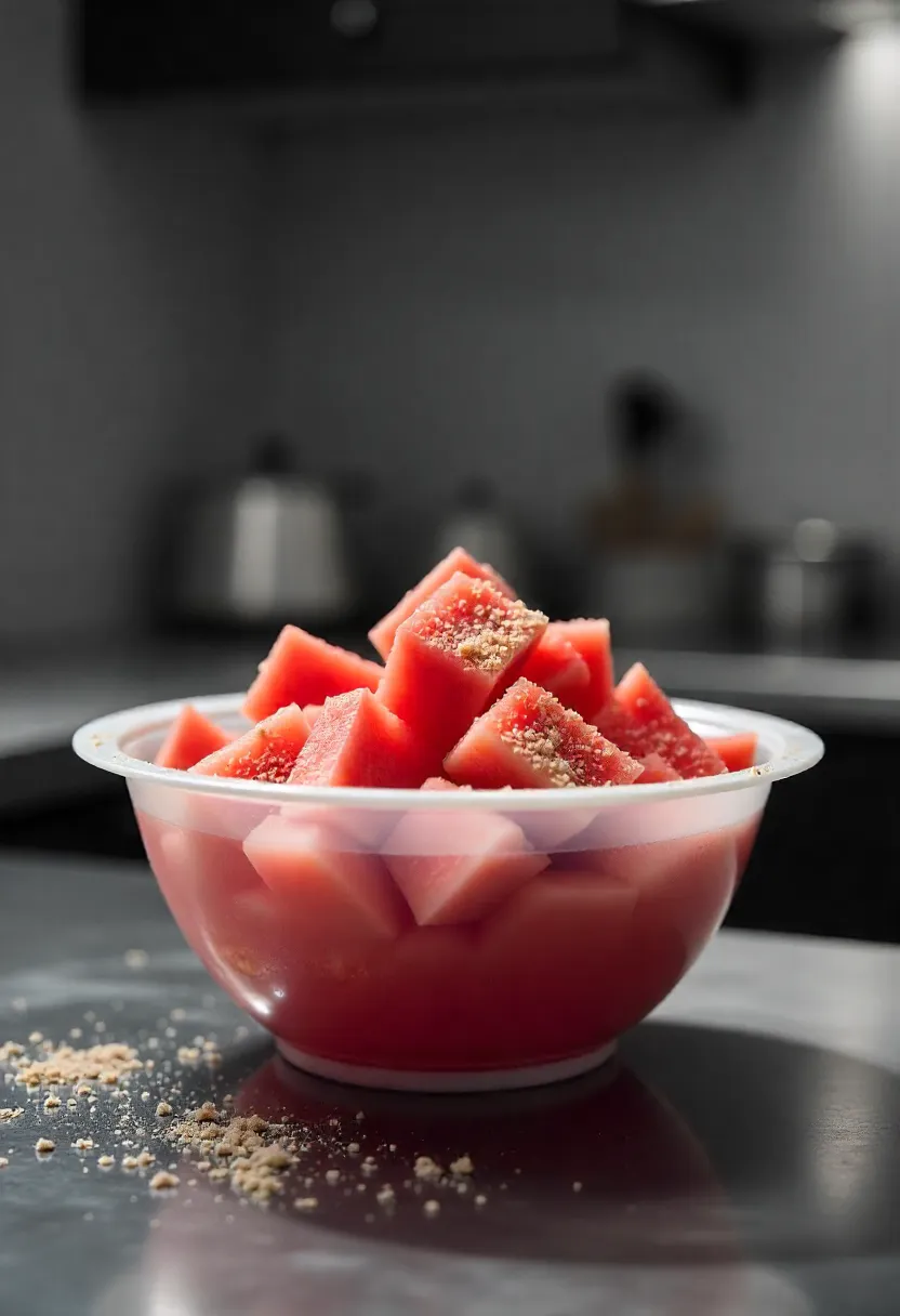 Cubed watermelon sprinkled with sugar draining in a colander over a bowl to collect juice.
