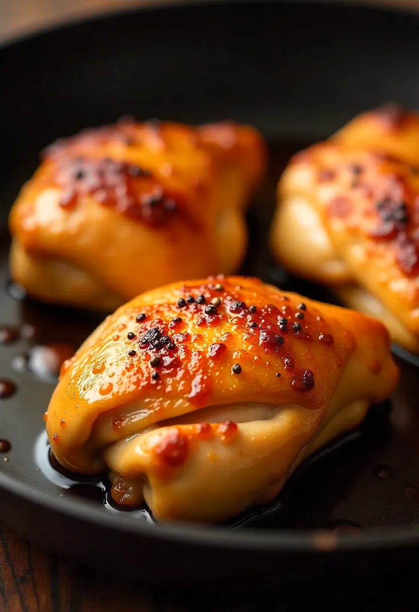 Golden chicken thighs in a skillet showing crisp skin and rendered fat.