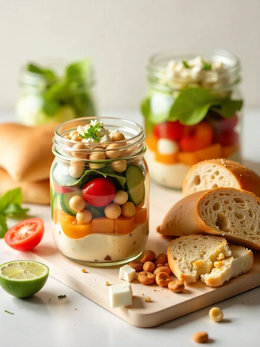 Make-ahead portable lunches including mason jar salads and a high-protein lunch box with chicken, eggs, nuts, and veggies.