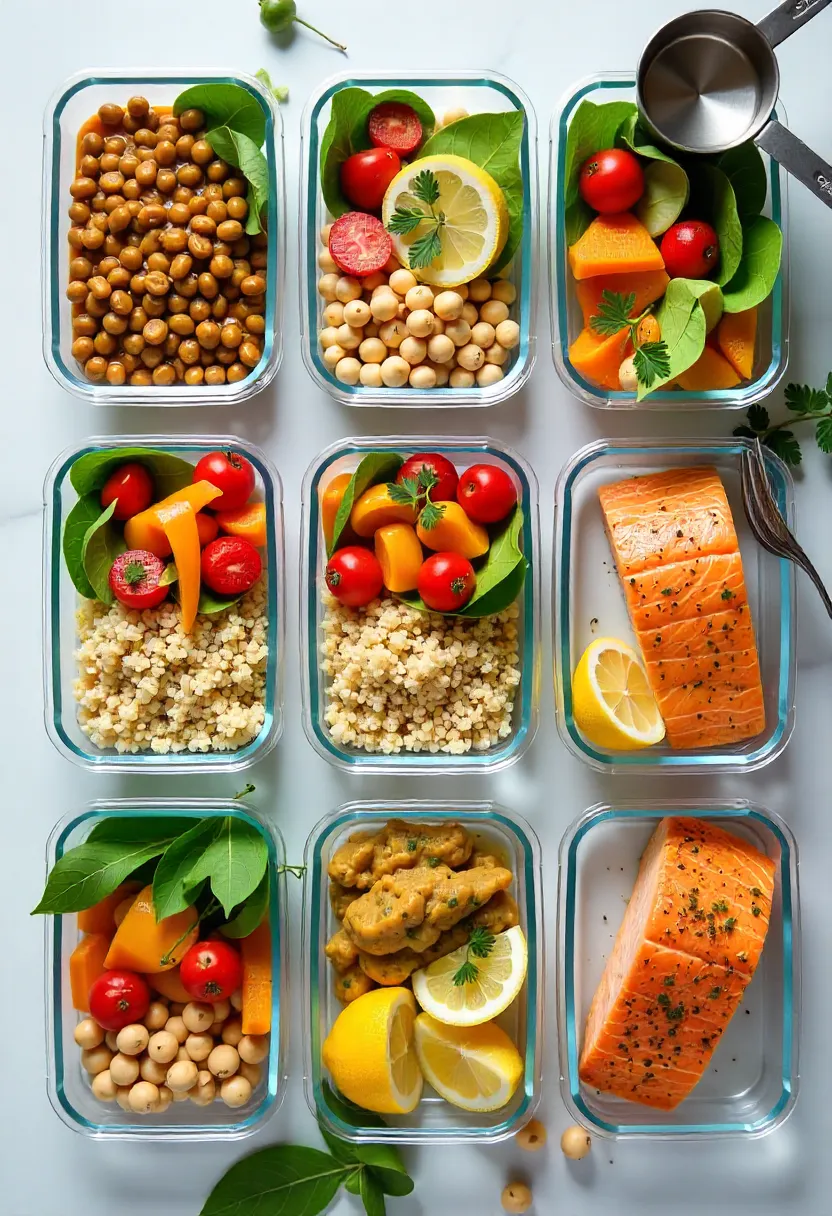 Meal prep containers with healthy dishes and kitchen tools like measuring cups and food scale arranged on a wooden table.