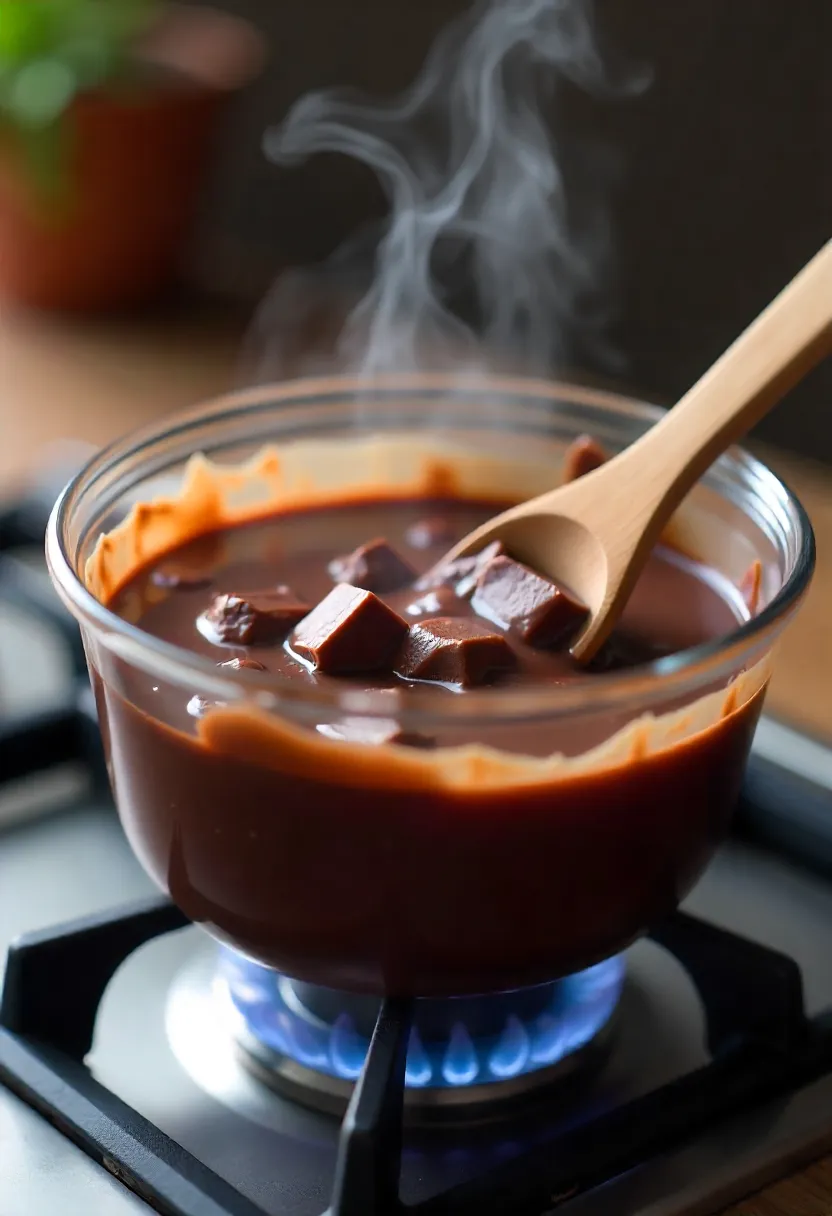 Dark chocolate melting in a glass bowl over a double boiler, stirred with a wooden spoon, for making chocolate-covered strawberries at home.