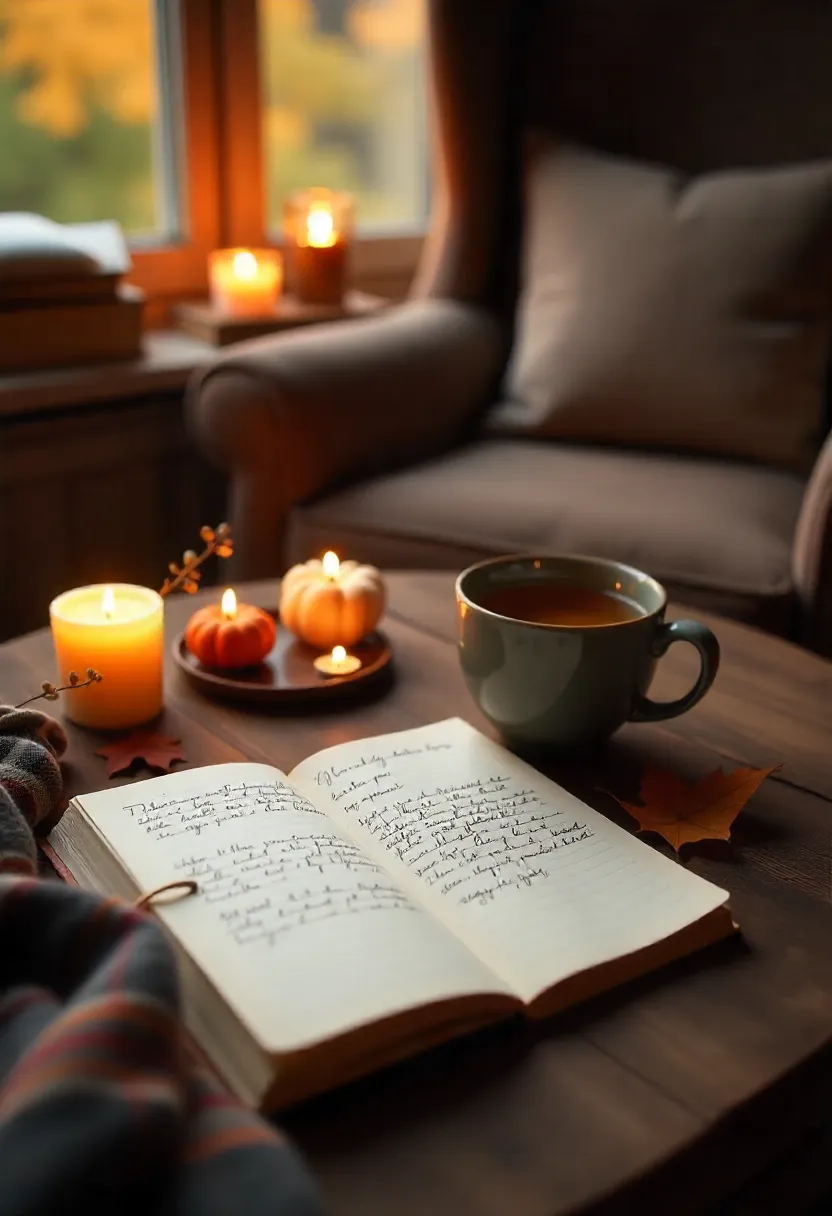 Mindful autumn self-care with journaling, tea, candles, and a cozy reading nook by a window with fall leaves outside.