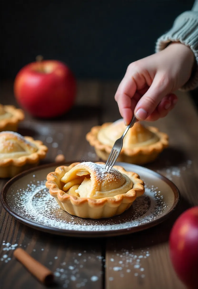 Mini apple pies with golden crusts and spiced apple filling, with kids dusting powdered sugar in a cozy winter kitchen.