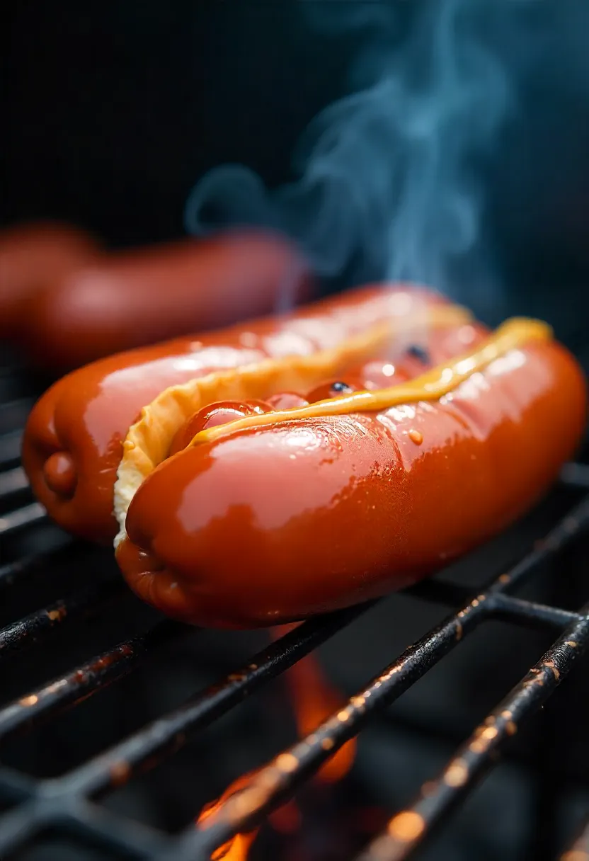 Realistic photo of natural-casing hot dogs on a grill, one juicy and intact, another split open from bursting.
