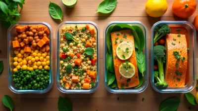 Flat lay of healthy New Year meal prep containers with lentil stew, quinoa salad, turkey stir-fry, chickpea curry, and baked salmon surrounded by fresh produce.