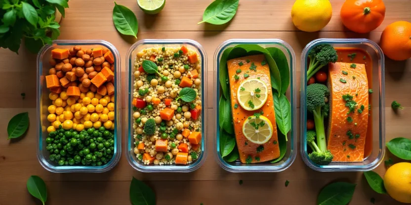 Flat lay of healthy New Year meal prep containers with lentil stew, quinoa salad, turkey stir-fry, chickpea curry, and baked salmon surrounded by fresh produce.
