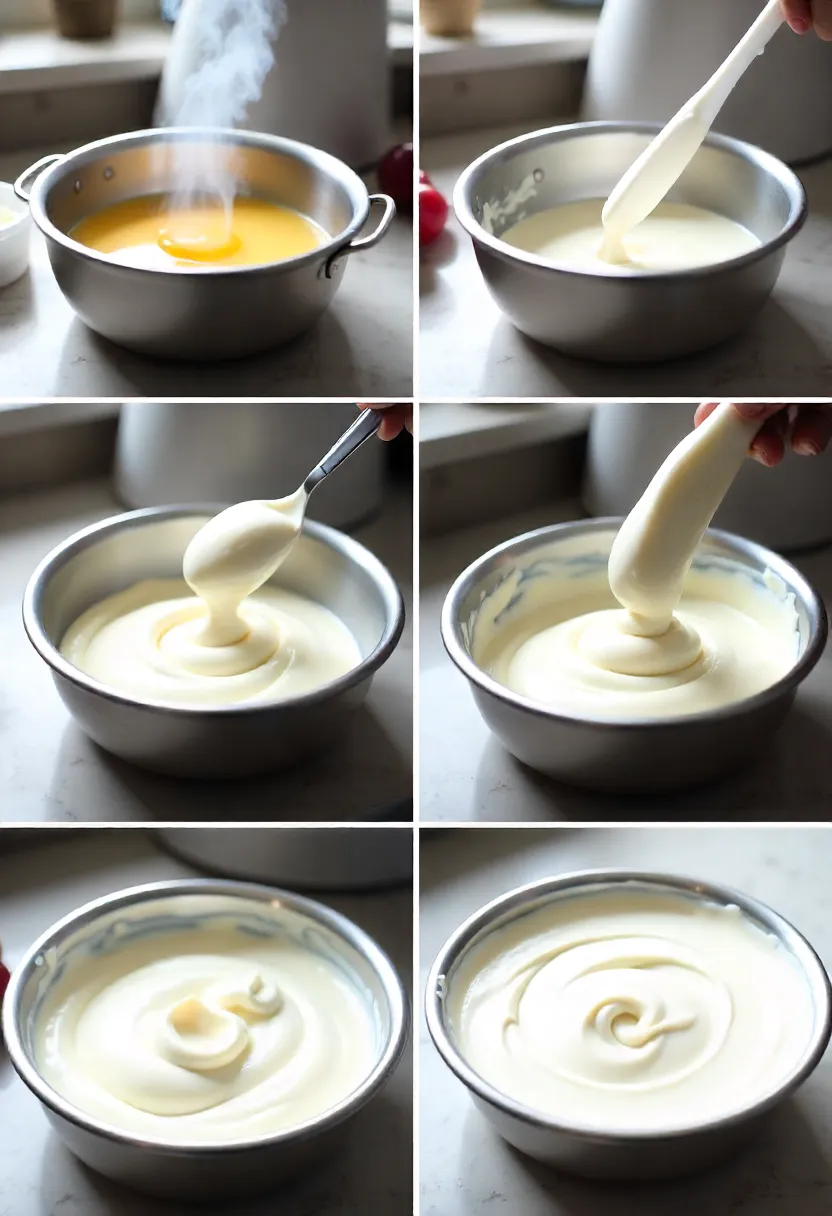Realistic photo collage of no-churn ice cream method: heating eggs and sugar, whipping fluffy, folding in cream, and preparing to freeze.