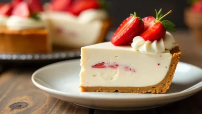 Realistic photo of a slice of no-churn ice cream pie with graham cracker crust, creamy filling, and whipped cream topping with strawberries.