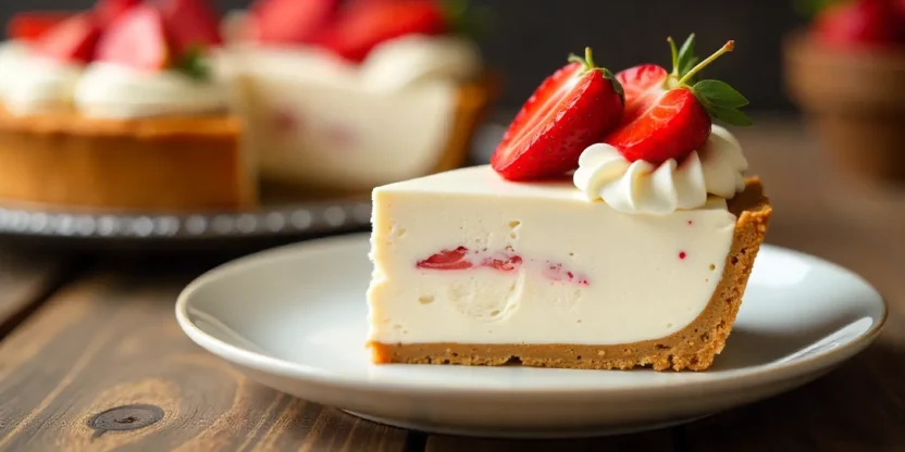 Realistic photo of a slice of no-churn ice cream pie with graham cracker crust, creamy filling, and whipped cream topping with strawberries.