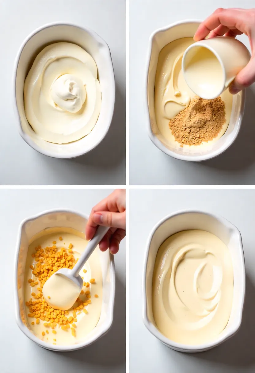 Step-by-step collage of making no-churn ice cream: whipping cream, folding in condensed milk, adding flavors, and freezing in a pan.