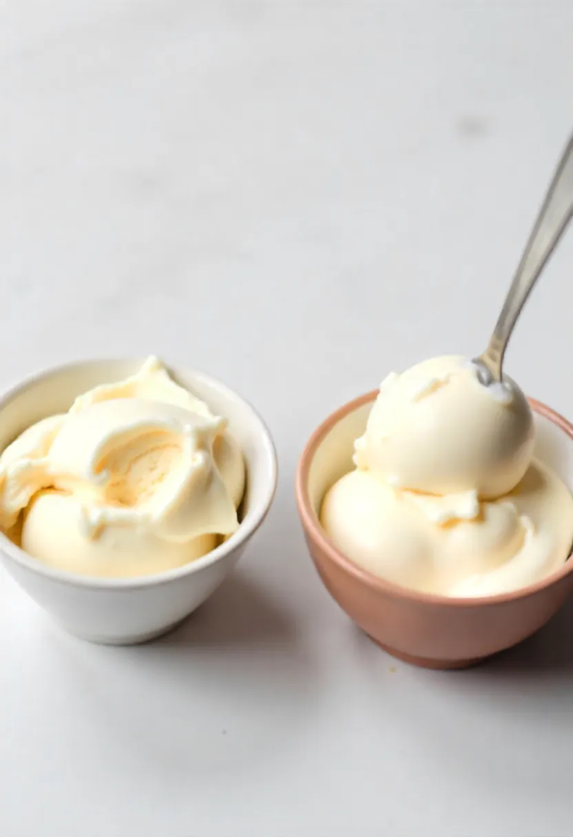 Realistic photo comparing two bowls of no-churn ice cream—one dense and icy with condensed milk, the other creamy and scoopable with Stella Parks’ method.