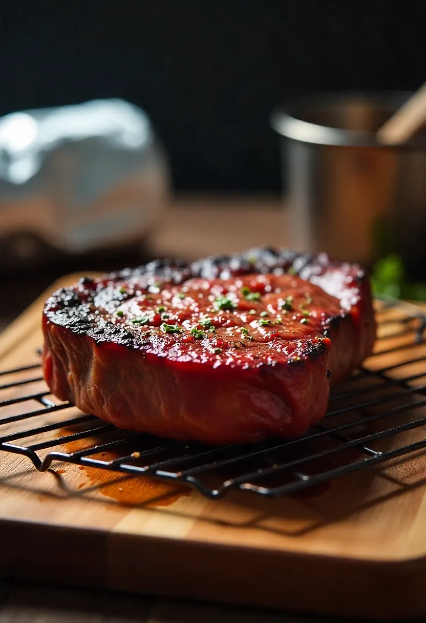 Perfectly seared steak resting uncovered on a wire rack with unused foil in the background.