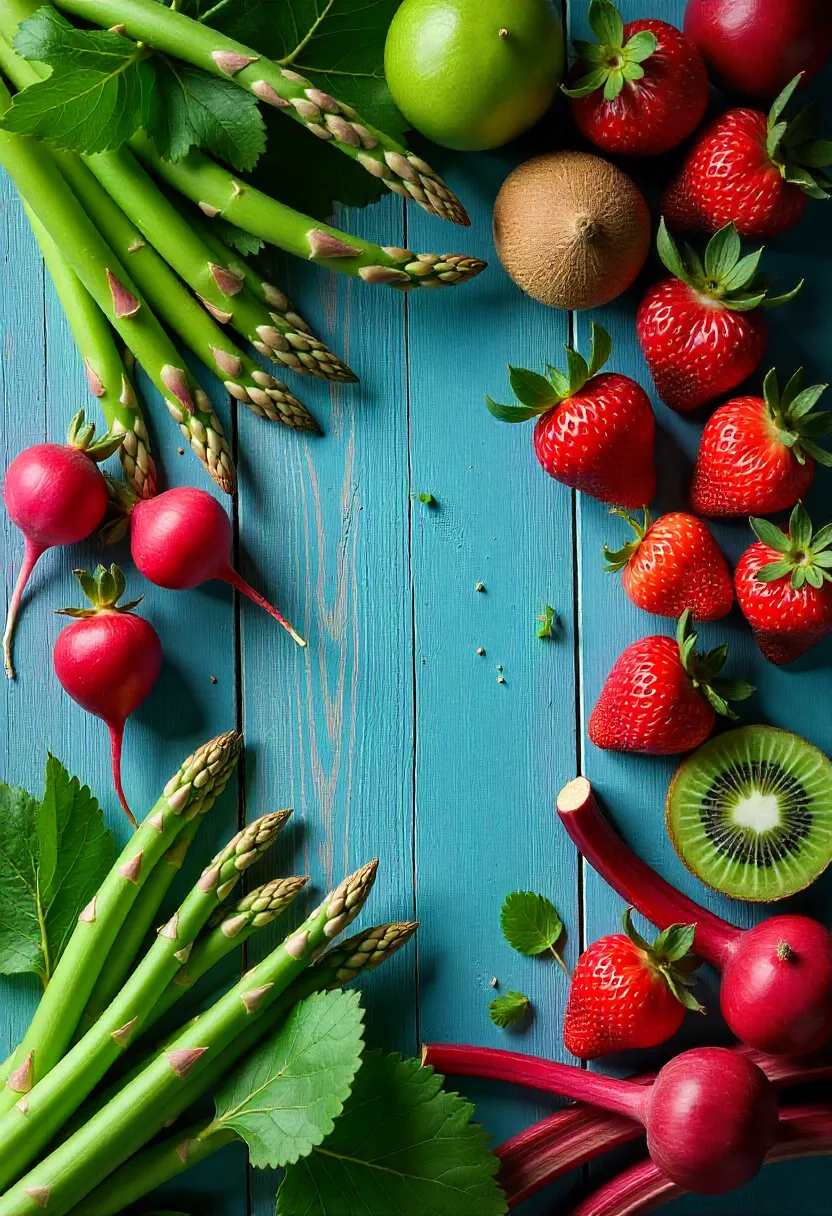 Assorted fresh spring fruits and vegetables rich in nutrients, including asparagus, peas, strawberries, and kiwi, arranged on a rustic wooden table.