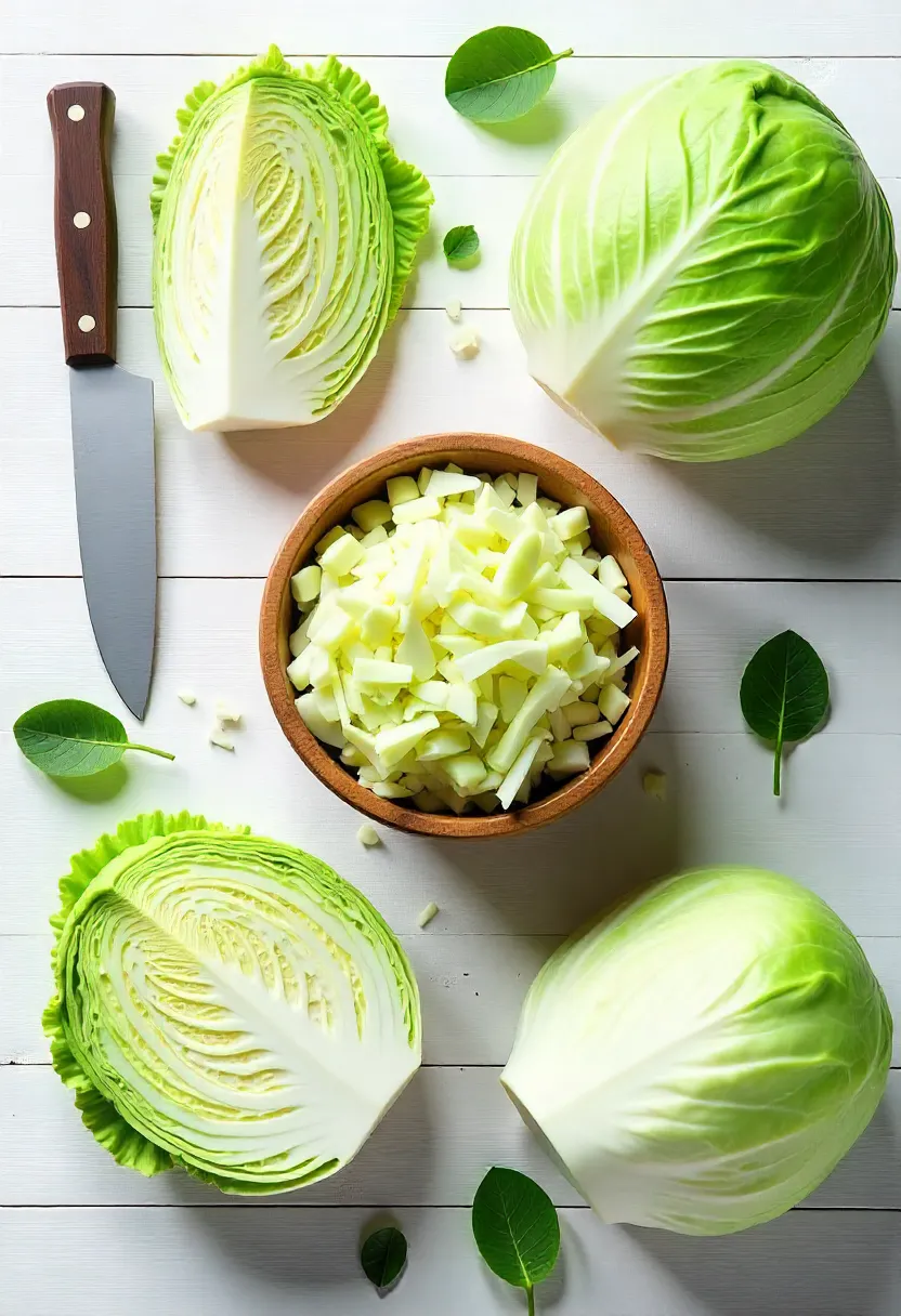 Colorful flat lay of various raw cabbage types with labels for their nutrients, including green, red, Savoy, and Napa cabbage on a light background.