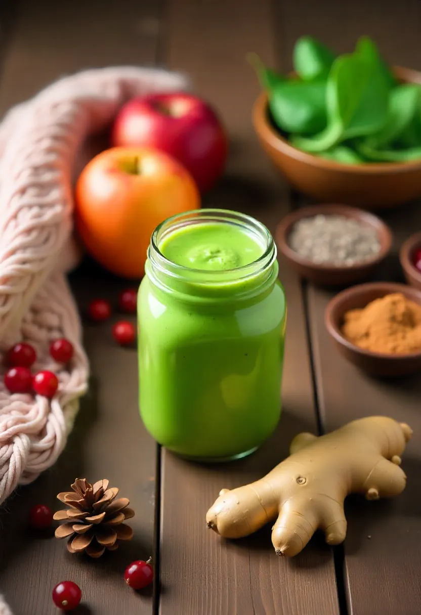 Winter smoothie ingredients including apples, oranges, cranberries, spinach, ginger, and chia seeds arranged with a green smoothie in a jar on a rustic table.