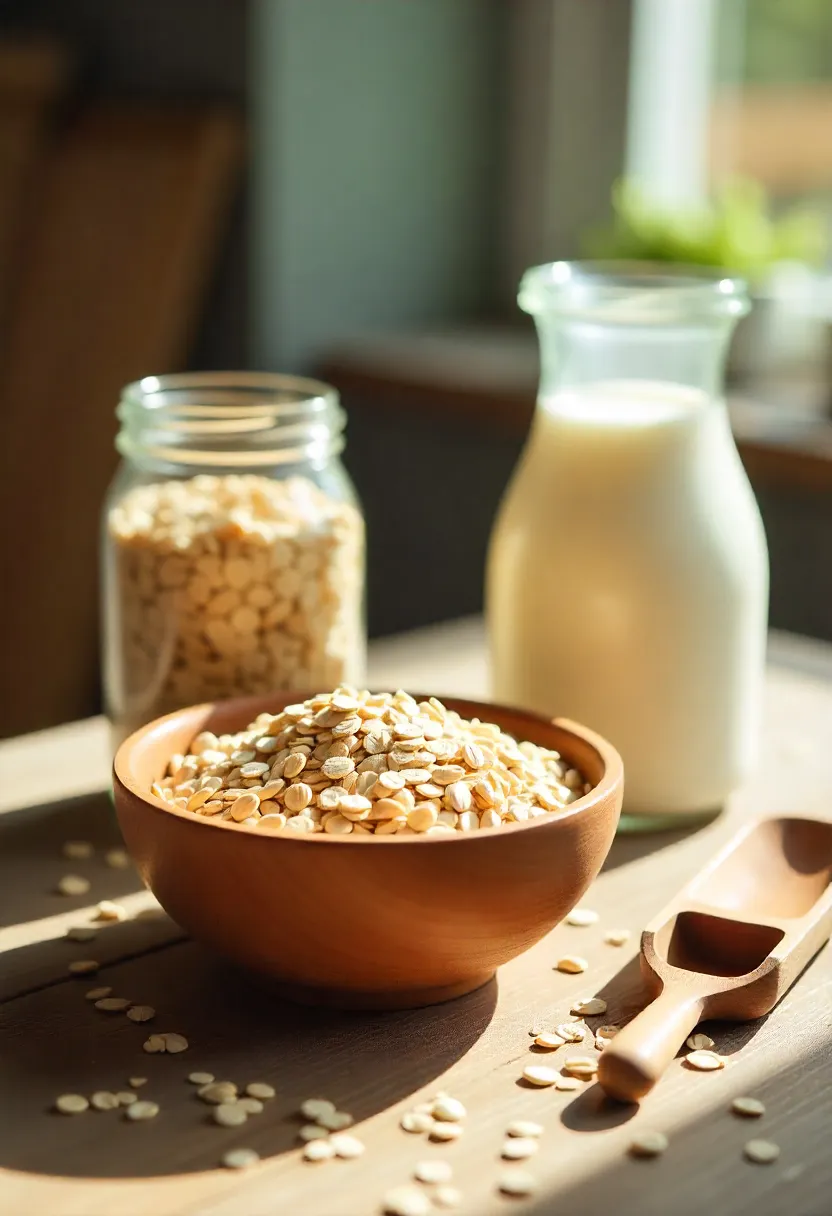 Bowl and jar of rolled oats with a wooden scoop on a rustic kitchen table
