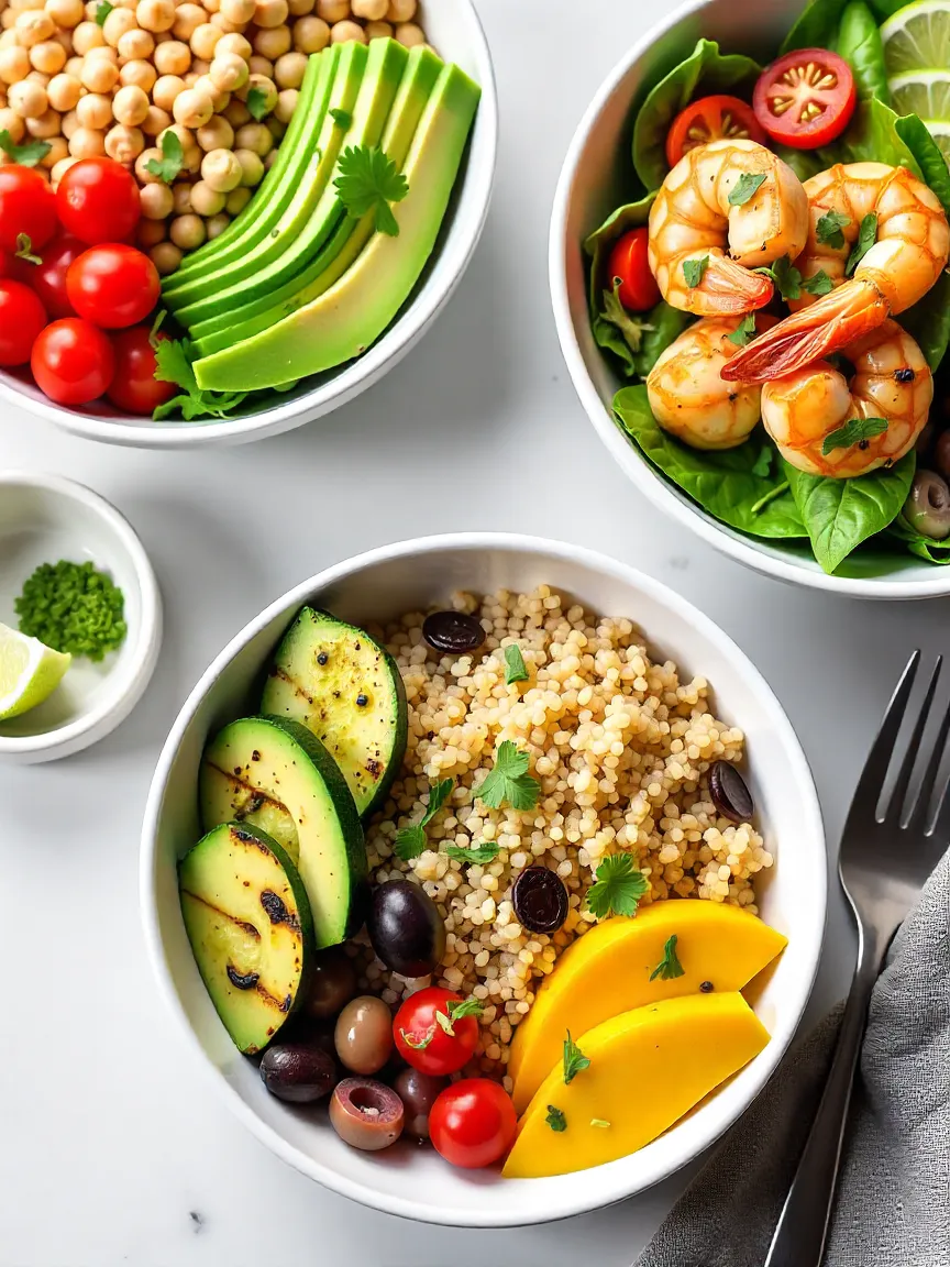 Assorted one-bowl grain lunches including quinoa with veggies, shrimp rice bowl, and zucchini noodle bowl.