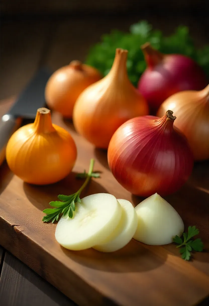 Whole and sliced onions on a wooden table with a knife and fresh parsley.