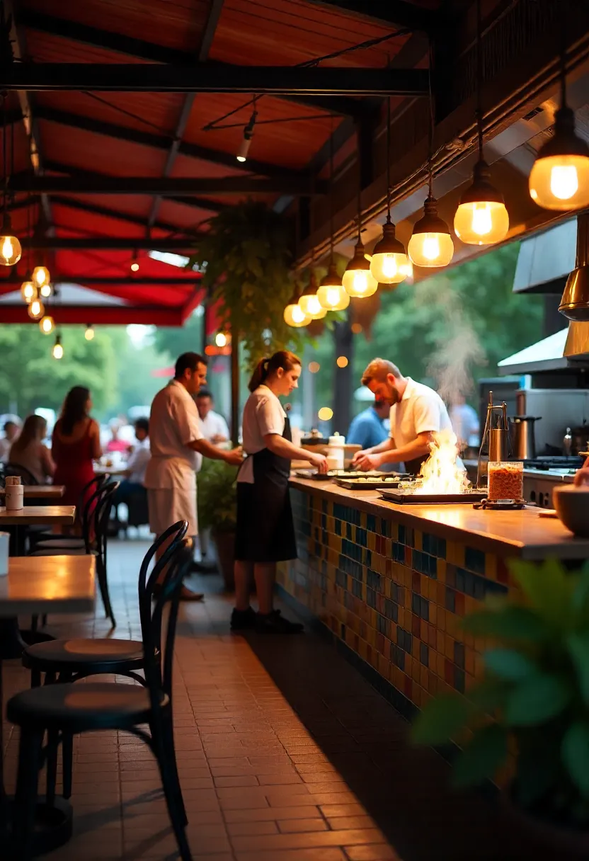 Open kitchen restaurant interior where guests can watch chefs preparing food, creating a lively dining atmosphere.