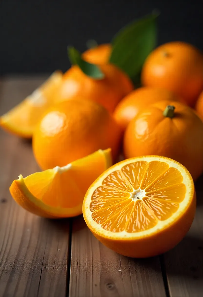 Whole and halved fresh oranges on a rustic wooden table showing juicy orange flesh.