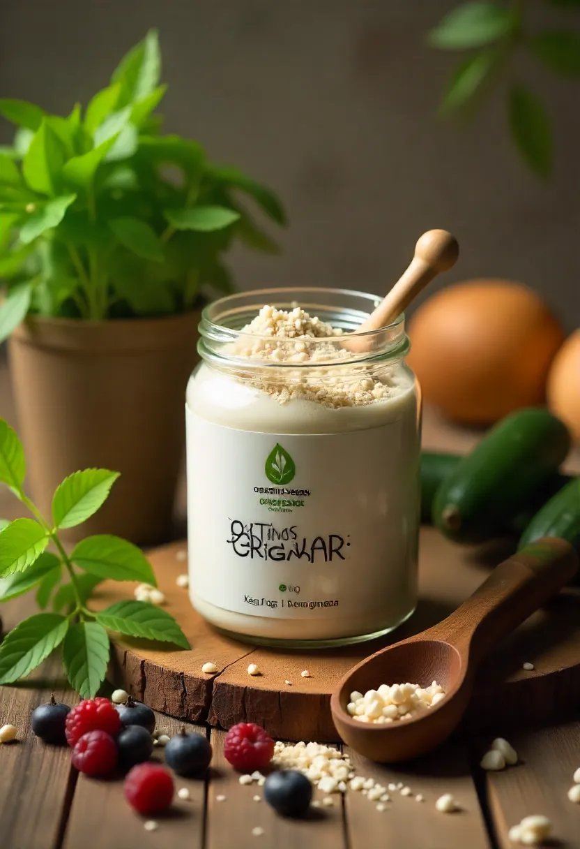 Organic vegan protein powder with fresh herbs, cucumbers, and berries on a rustic wooden table.