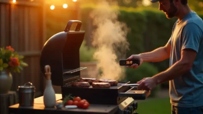 A person grilling outdoors using a wireless meat thermometer, surrounded by BBQ tools and sizzling food under warm backyard lighting.