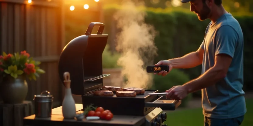 A person grilling outdoors using a wireless meat thermometer, surrounded by BBQ tools and sizzling food under warm backyard lighting.