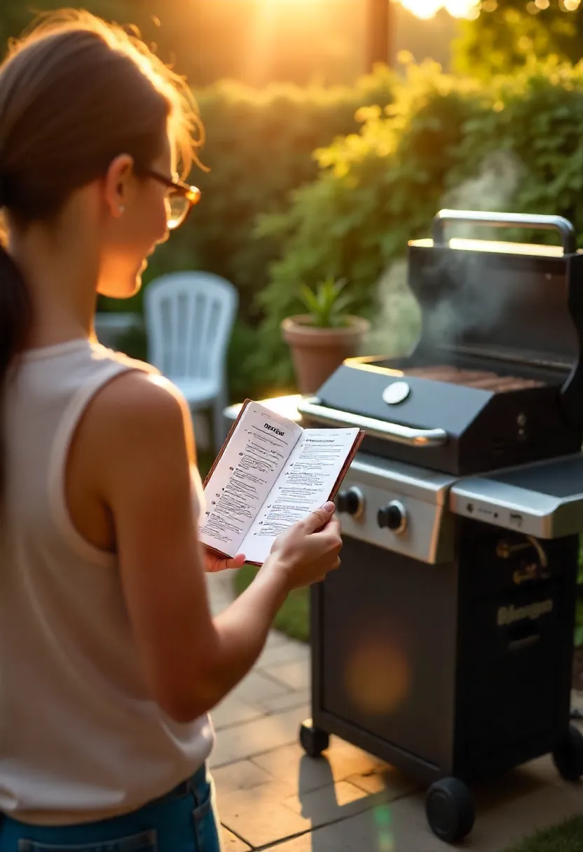 A beginner reading an outdoor cooking FAQ guide next to a grill, with tools, thermometer, and fuel in view, representing common questions and tips.