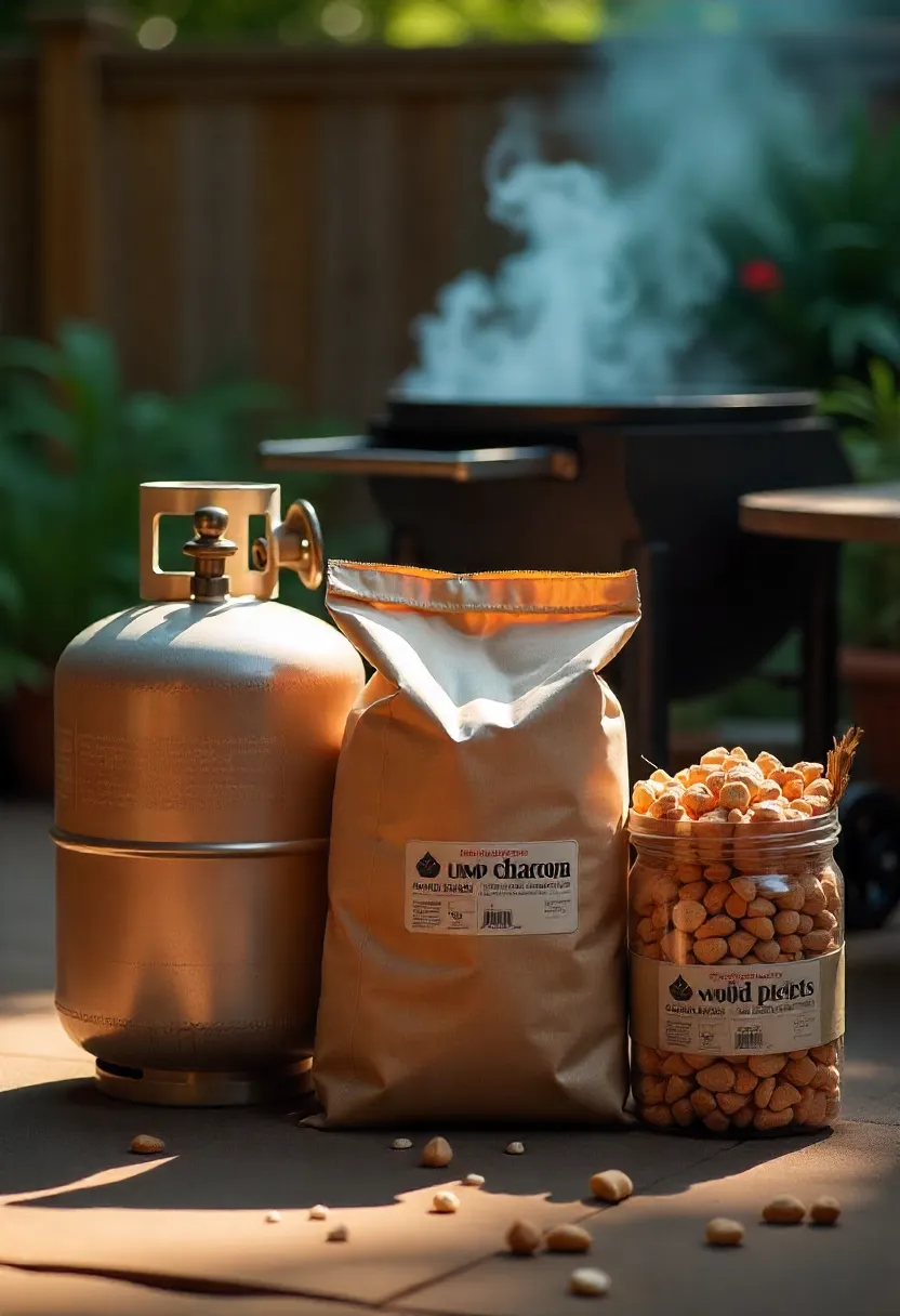 Propane tank, charcoal bag, and wood pellets displayed near a backyard grill—various outdoor cooking fuels shown clearly for grilling beginners.