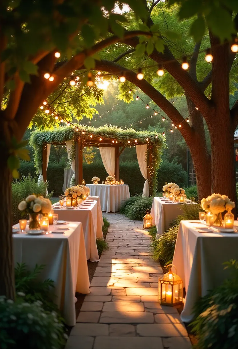 Outdoor party décor with fairy lights, flower arrangements, a gazebo, and lanterns, blending natural elements for a festive garden celebration.