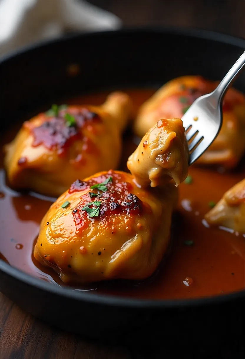 Realistic photo of braised chicken thighs in a skillet, tender and juicy, with a fork pulling meat apart to show fall-apart texture.