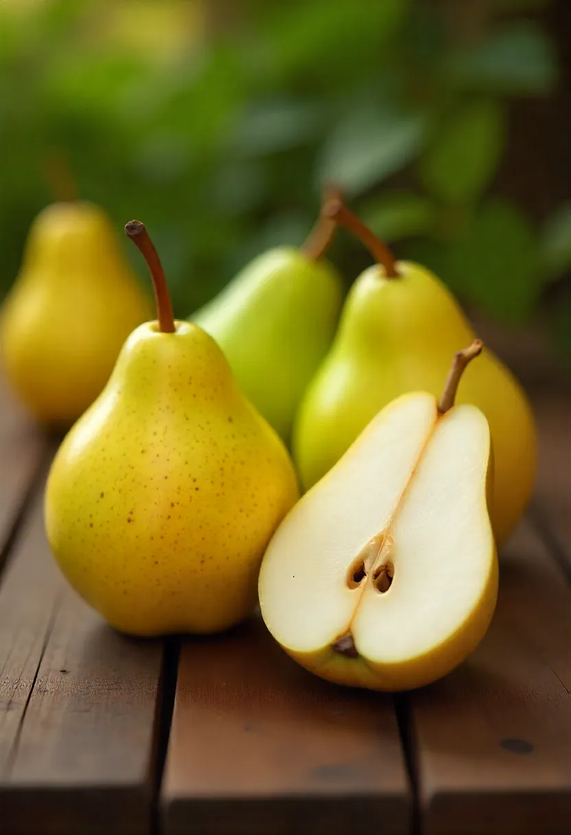 Whole and sliced fresh pears on a rustic wooden table.