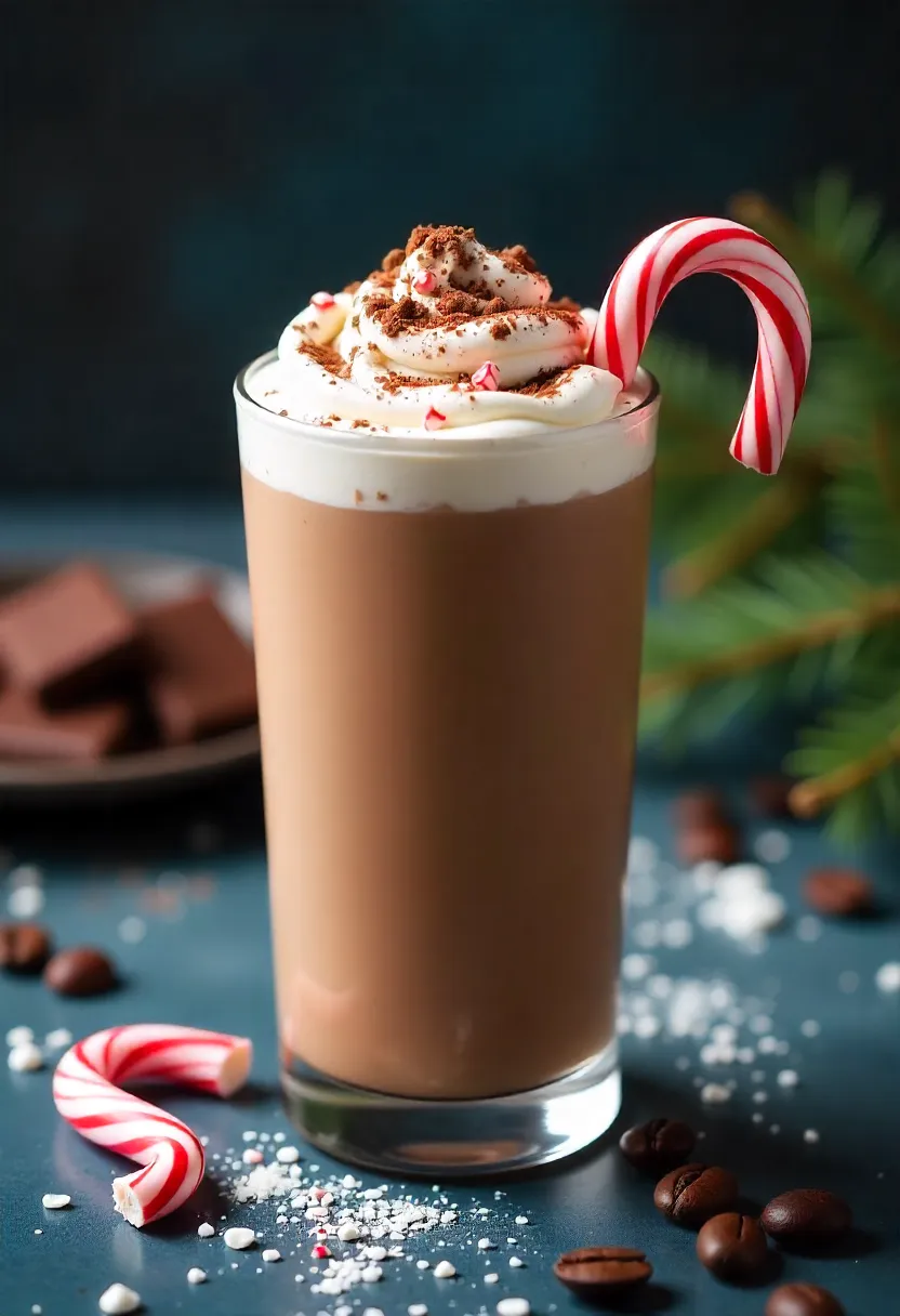 Peppermint mocha shake in a glass with whipped cream, cocoa, and candy cane garnish, surrounded by chocolate and festive winter decor.