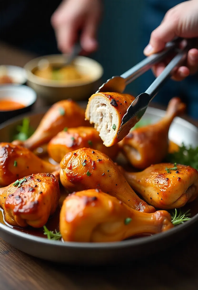 Realistic photo of juicy, tender chicken thighs and drumsticks on a platter, cooked until fall-apart perfect with golden skin.