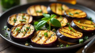 Realistic photo of grilled eggplant slices with charred grill marks, brushed with garlic oil, and garnished with crispy garlic and fresh herbs.
