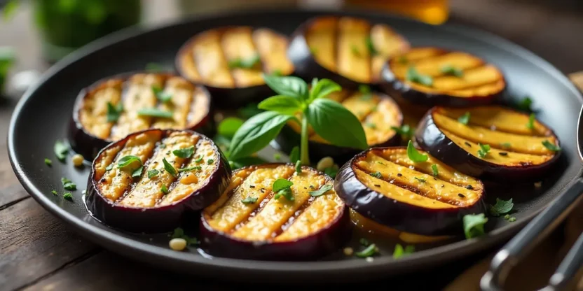 Realistic photo of grilled eggplant slices with charred grill marks, brushed with garlic oil, and garnished with crispy garlic and fresh herbs.