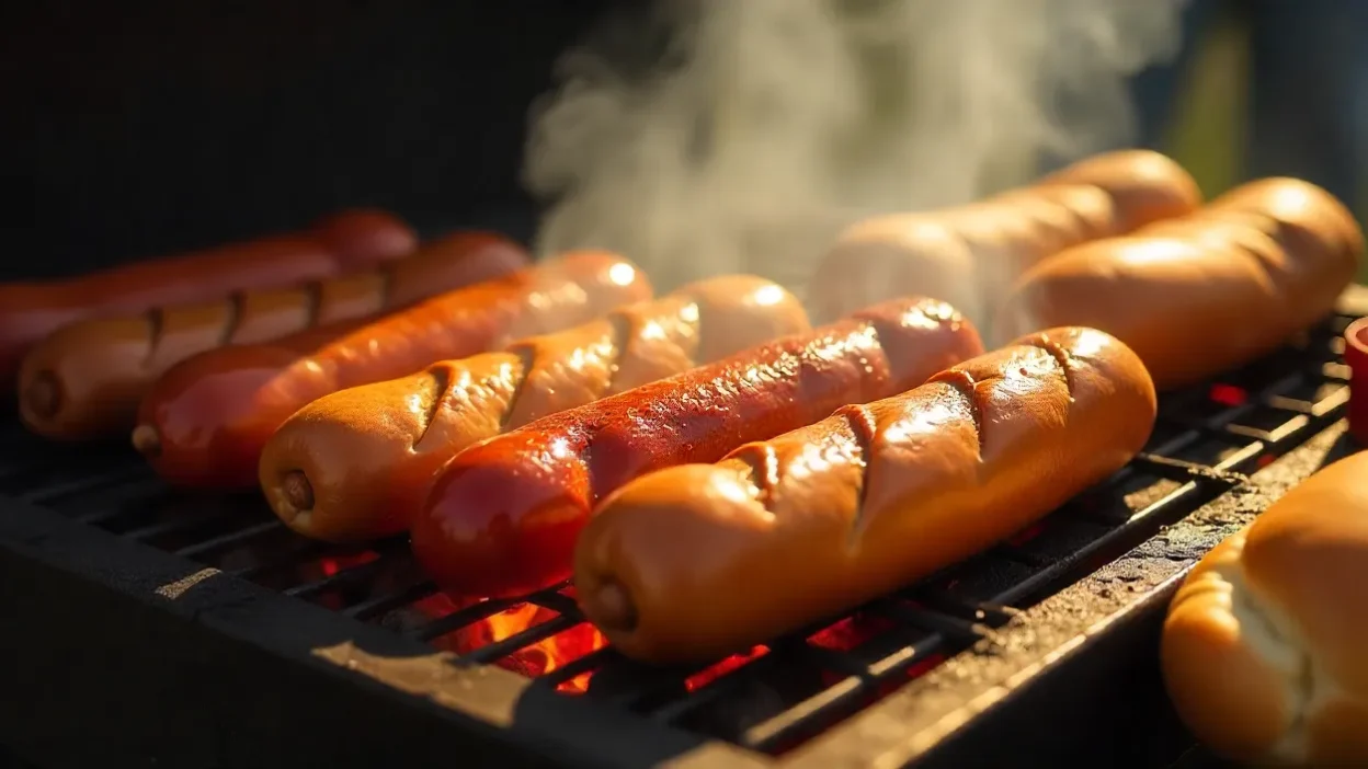 Realistic photo of skinless slashed hot dogs and natural-casing franks grilling side by side, juicy and perfectly charred for a summer cookout.