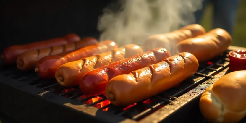 Realistic photo of skinless slashed hot dogs and natural-casing franks grilling side by side, juicy and perfectly charred for a summer cookout.