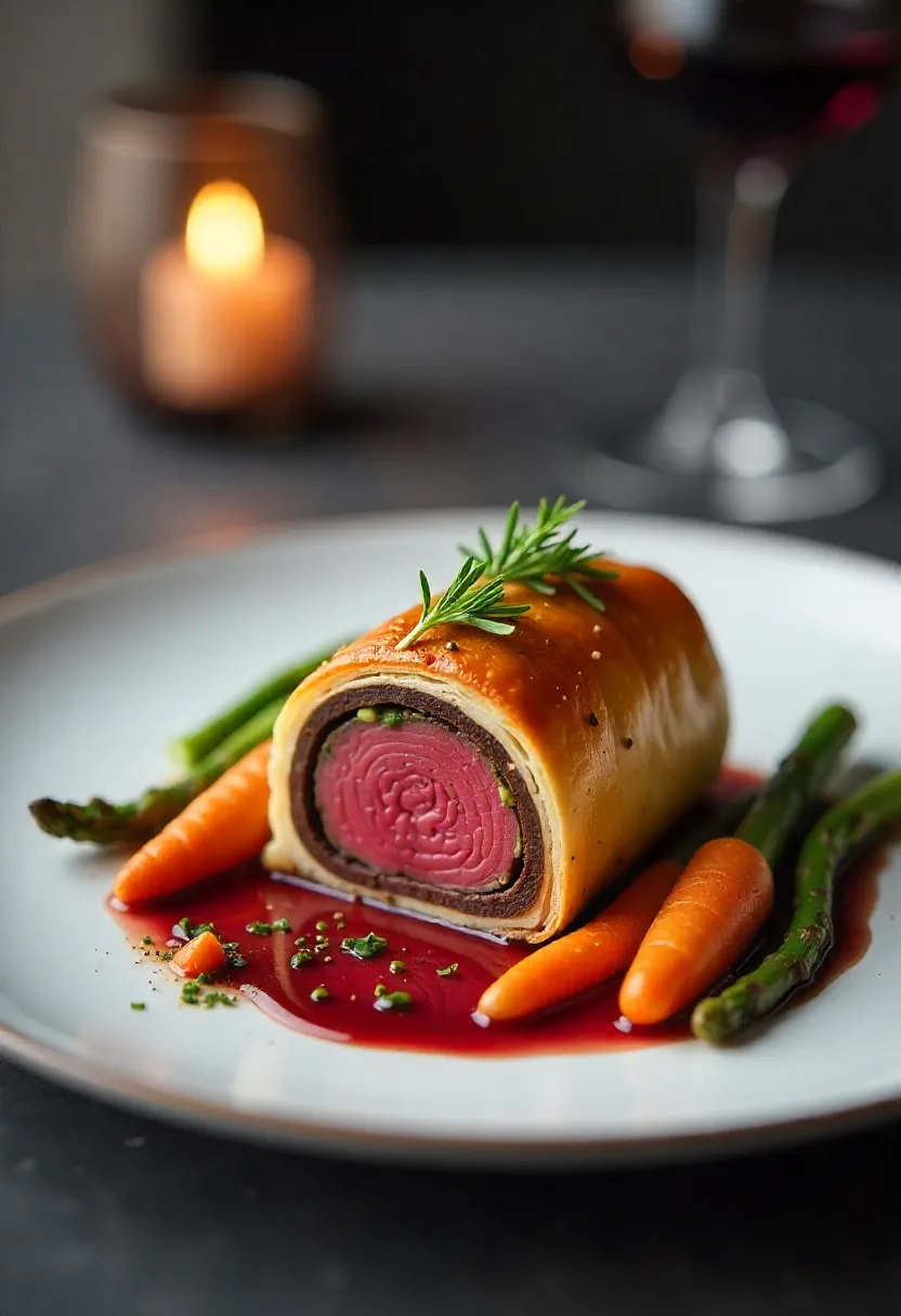 Plated Petite Beef Wellington with golden pastry, roasted vegetables, and elegant romantic table setting in candlelight.