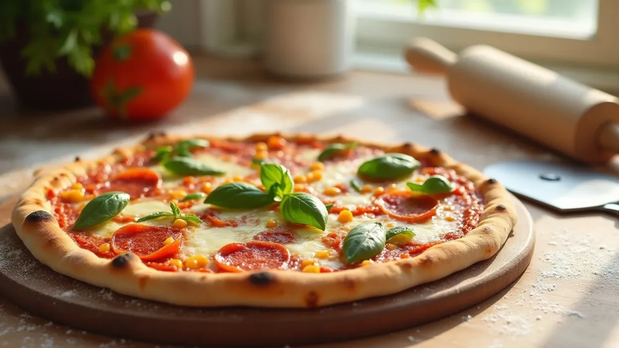Fresh homemade pizza with basil, cheese, and toppings on a wooden board in a sunny kitchen.