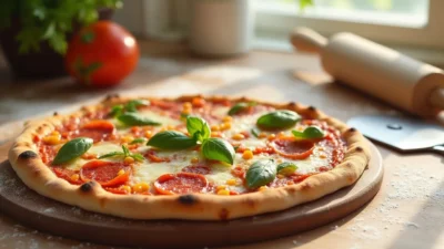 Fresh homemade pizza with basil, cheese, and toppings on a wooden board in a sunny kitchen.