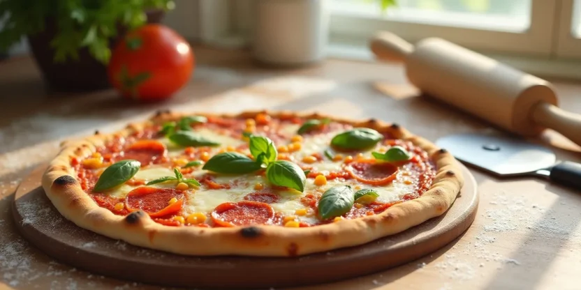 Fresh homemade pizza with basil, cheese, and toppings on a wooden board in a sunny kitchen.