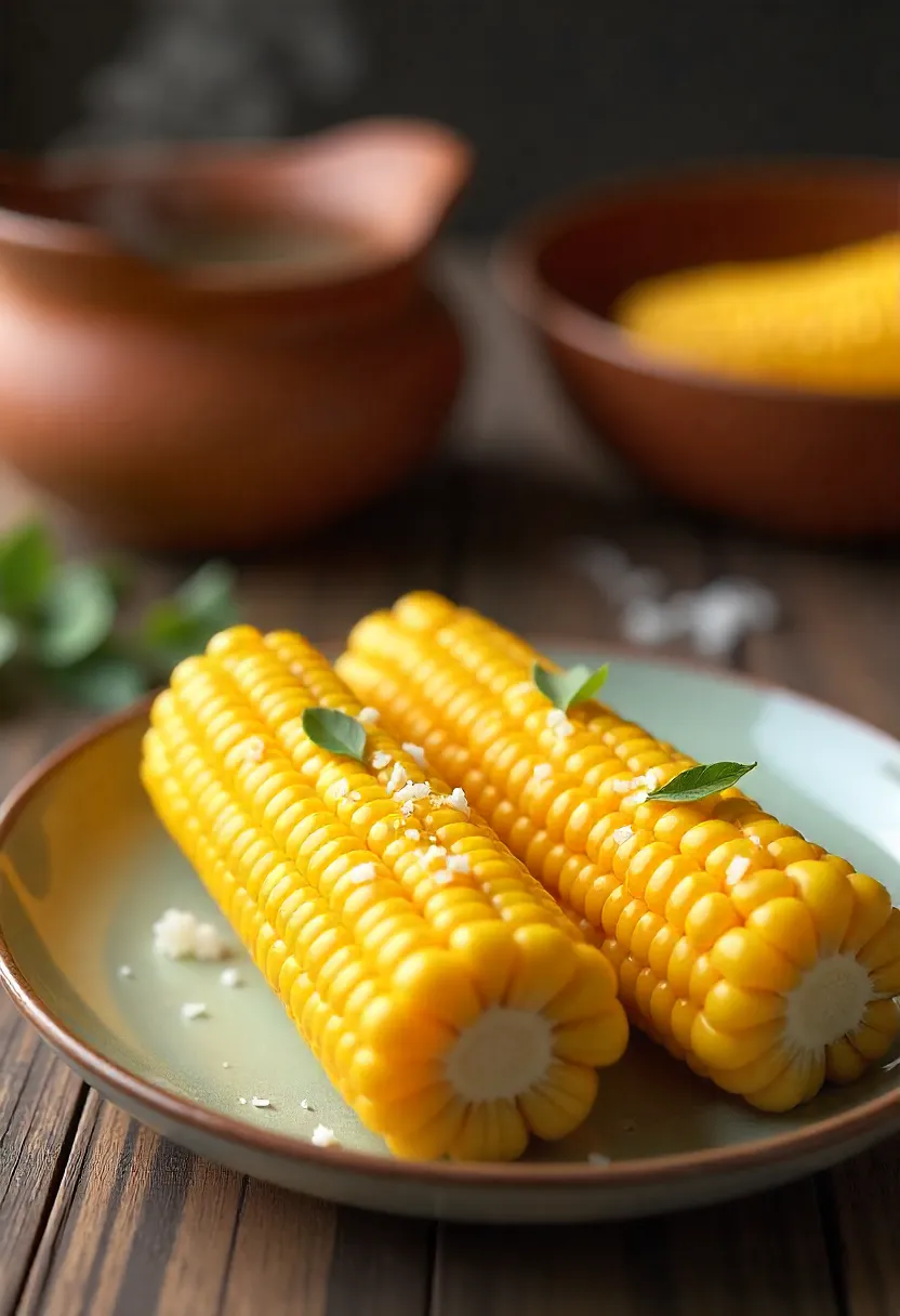 Golden corn on the cob poached instead of fully boiled, served with butter and salt.