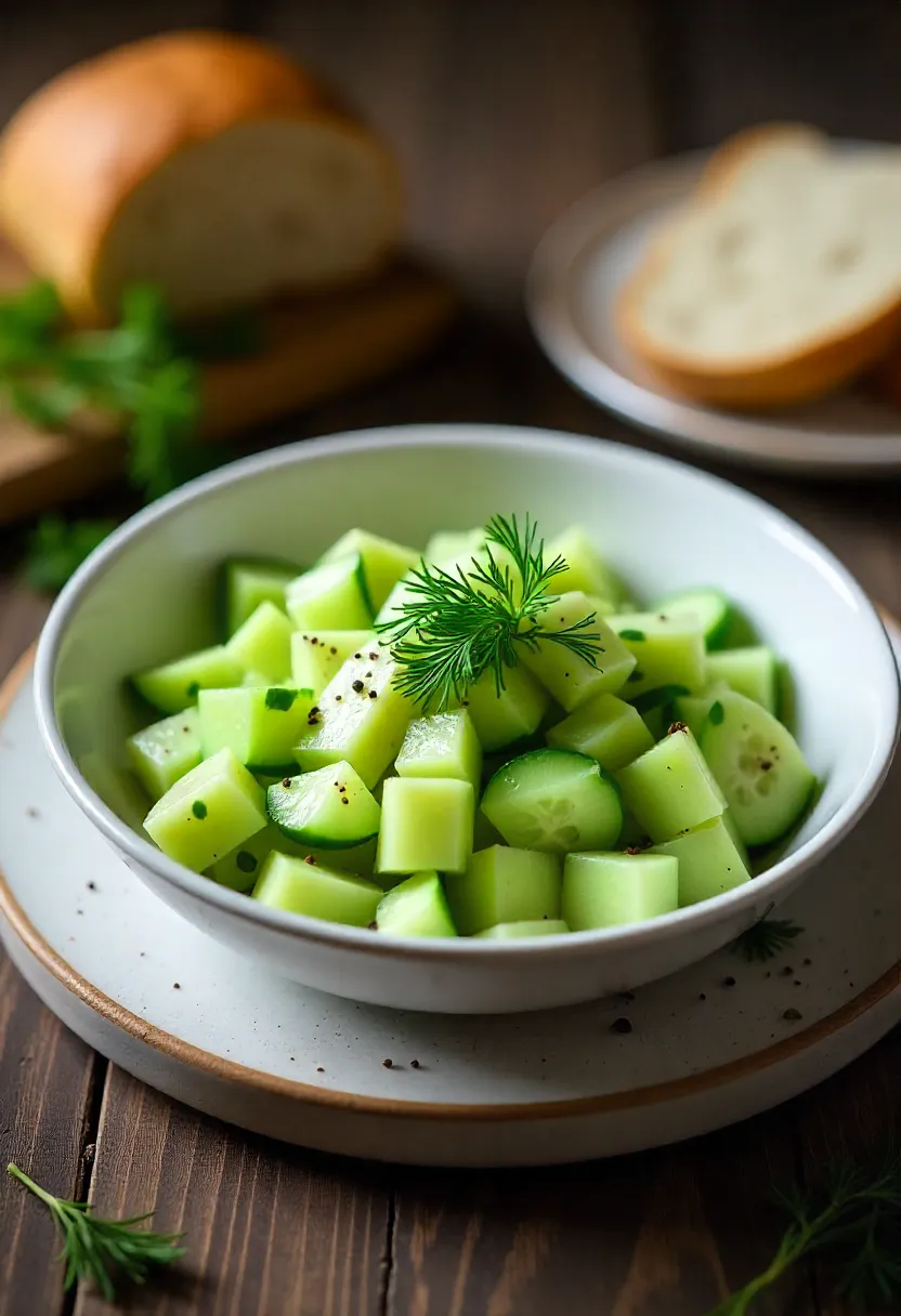 Polish cucumber salad Mizeria with dill and sour cream served in a white bowl with rye bread on a rustic table.