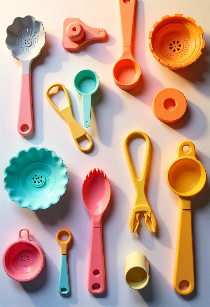 A variety of 3D printed kitchen tools including measuring spoons, spice racks, bag clips, funnels, and citrus reamers displayed on a modern kitchen surface
