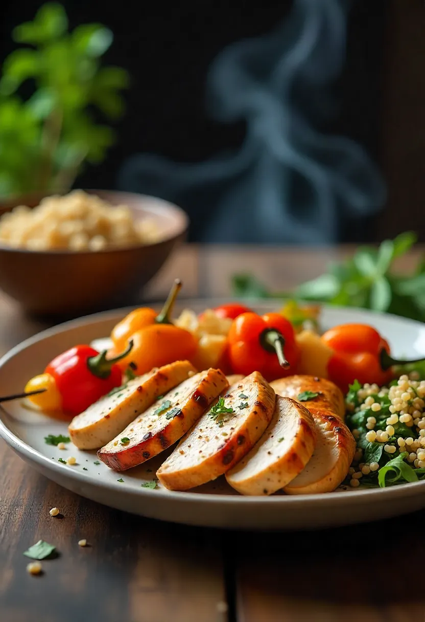 Smoked chicken breast with grilled vegetable skewers and fresh salad on a rustic plate